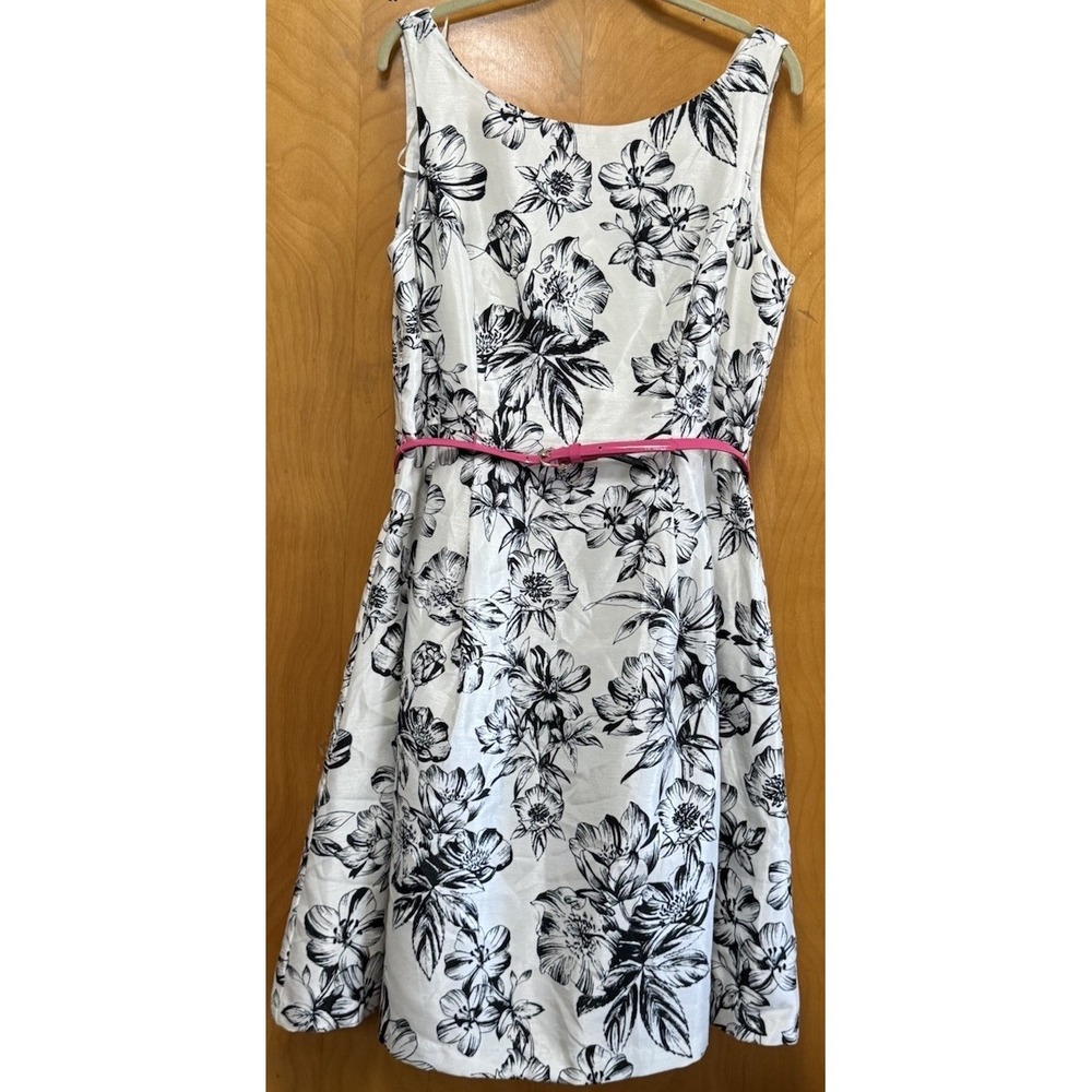 Jessica Howard Vintage Style Floral Fit Flare Tea Dress Belted Black White 14